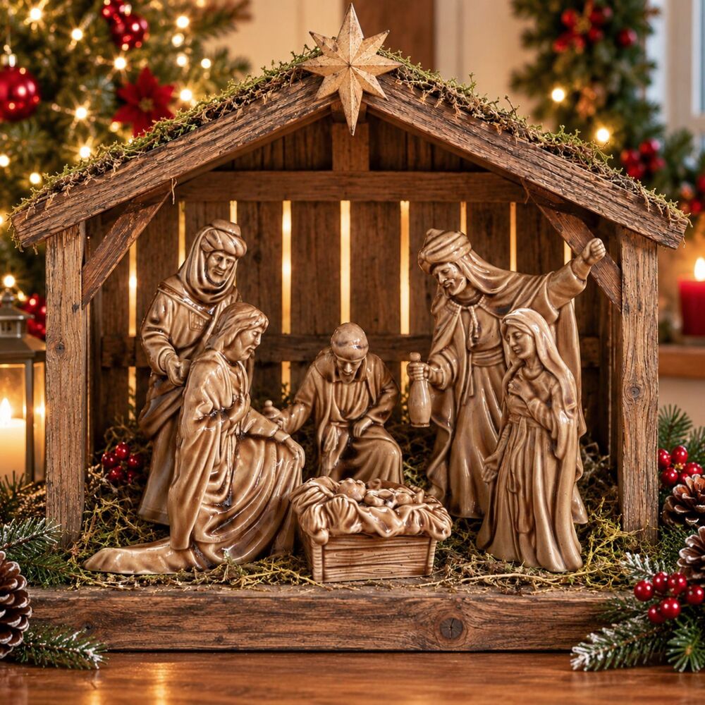 Vintage Ceramic Nativity Set 7 Pc Brown Glaze Holy Family 3 Wise Men Christmas